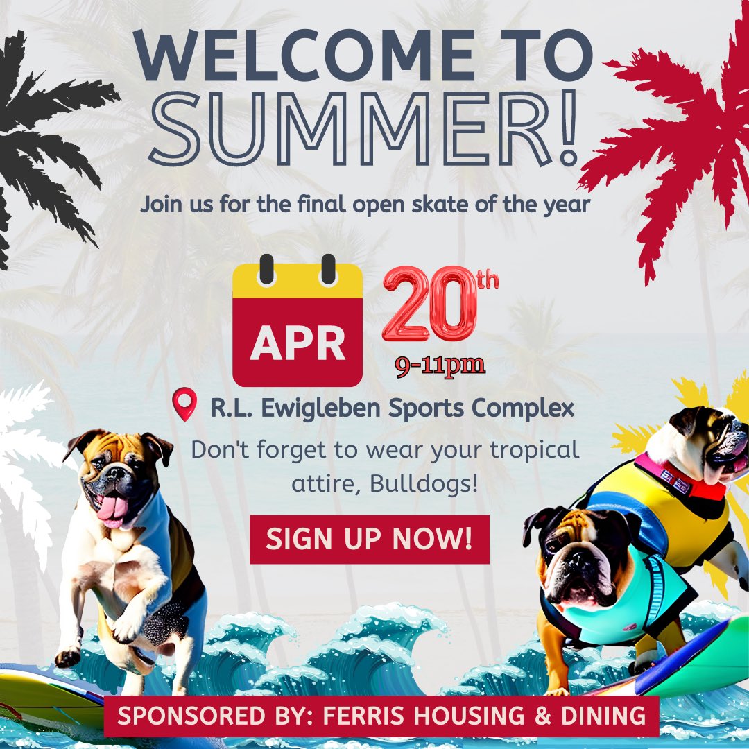 Ferris Ice Arena (@ferrisicearena) on Twitter photo The last Thursday Night Open Skate of the 2022-2023 school year is upon us. Pop out to the ice arena on April 20 from 9 to 11 for a free open skate sponsored by Ferris Housing and Dining! Sign up using shorturl.at/vGXZ1. <a href="/FerrisHousing/">Ferris Housing</a> <a href="/FerrisDining/">Ferris Dining</a> <a href="/FerrisStateRHA/">FerrisStateRHA</a> The last Thursday Night Open Skate of the 2022-2023 school year is upon us. Pop out to the ice arena on April 20 from 9 to 11 for a free open skate sponsored by Ferris Housing and Dining! Sign up using shorturl.at/vGXZ1. <a href="/FerrisHousing/">Ferris Housing</a> <a href="/FerrisDining/">Ferris Dining</a> <a href="/FerrisStateRHA/">FerrisStateRHA</a>