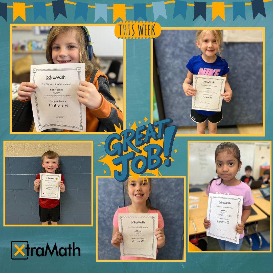 XtraMath_US's tweet photo. 📣We love to cheer on these amazing young learners and their math achievements ⭐️ Great job 👏🏼
Keep going and finish this school year strong 💪
#XtraMath #math #MathTeachers #mathfactfluency #mathisfun #teachers #school #mathachievements #mathlearners https://t.co/6VkhOWqYP9
