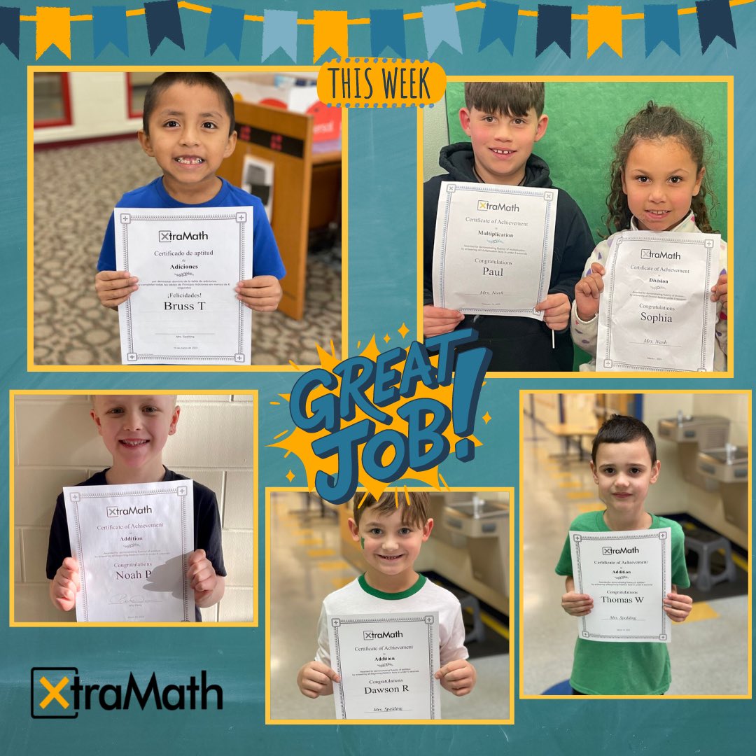XtraMath_US's tweet photo. 📣We love to cheer on these amazing young learners and their math achievements ⭐️ Great job 👏🏼
Keep going and finish this school year strong 💪
#XtraMath #math #MathTeachers #mathfactfluency #mathisfun #teachers #school #mathachievements #mathlearners https://t.co/6VkhOWqYP9