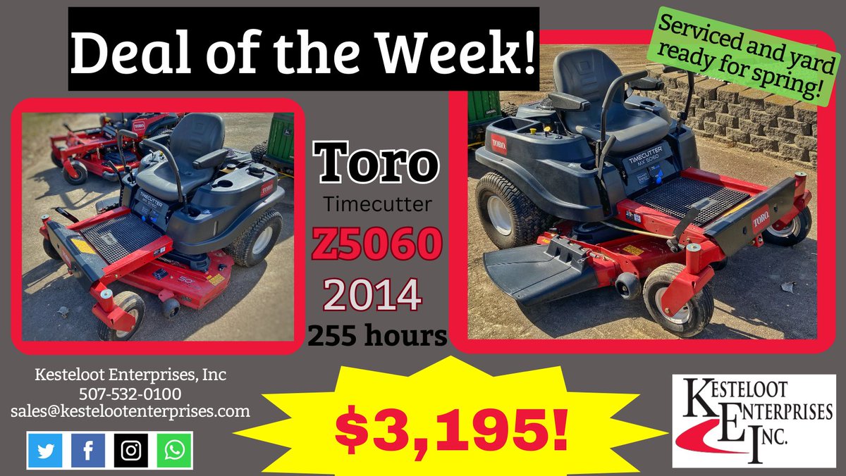 KestelootI's tweet photo. Look at our Deal of the Week!! Give a call on this Toro riding mover in great condition and is all set and ready to go for yard work! Less than 300 hours on it!#mower #lawnmower #lawn #lawncare #lawnmaintenance #toromower #toromowers #toro #torotitan #torotimecutter #kubotadealer https://t.co/adc058Y2yY