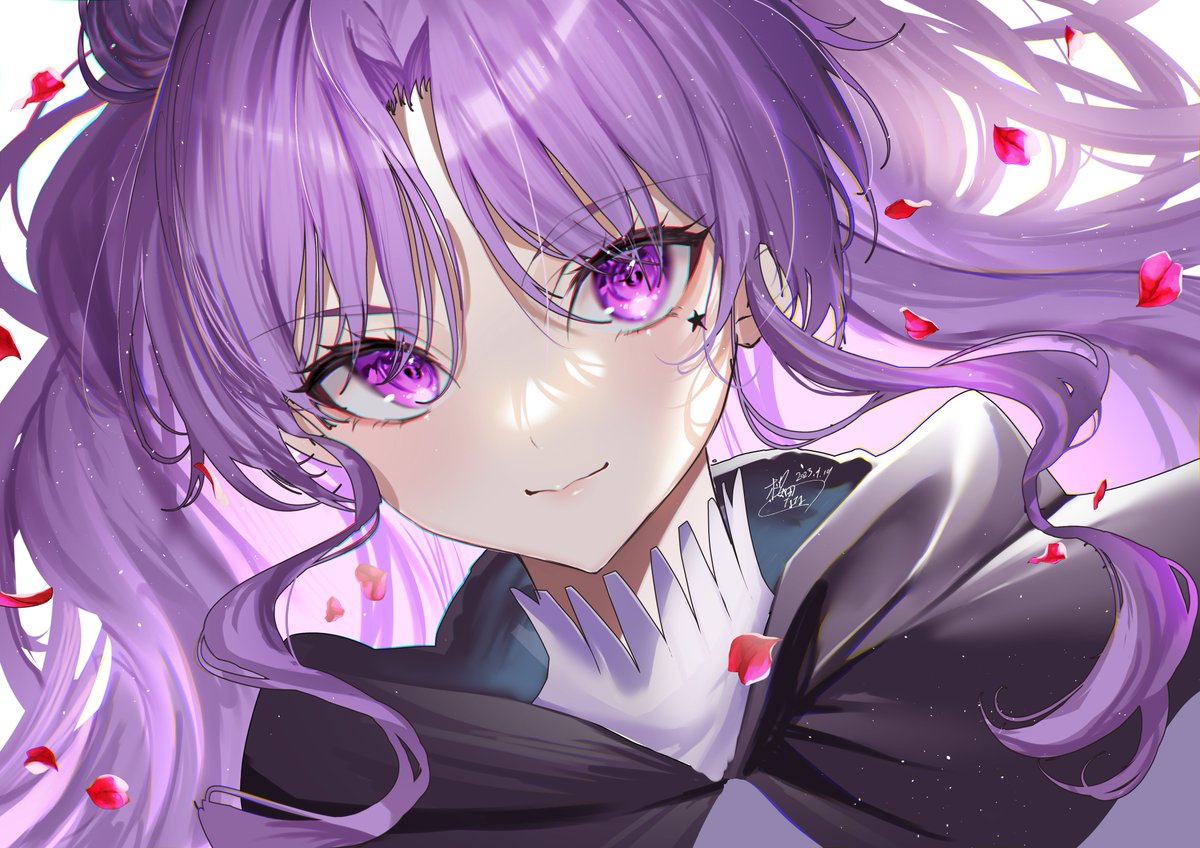 1girl purple hair solo purple eyes looking at viewer long hair petals  illustration images