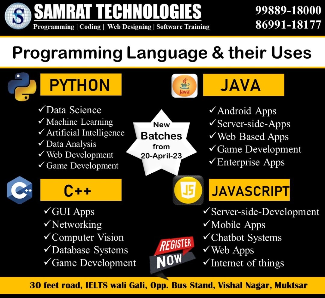 samratTechnolo6's tweet image. 💫💫💫💫💫💫💫💫💫💫Improve your Technical Skills in Computer
#WebDesigning, #GraphicDesigning, #BasicComputer, #AccountGST, #Python, #CProgramming, #C++, #JAVA, #EthicalHacking, #DigitalMarketing,#AdvanceExcel, #Typing, #SpokenEnglish, #InterviewPreparation..