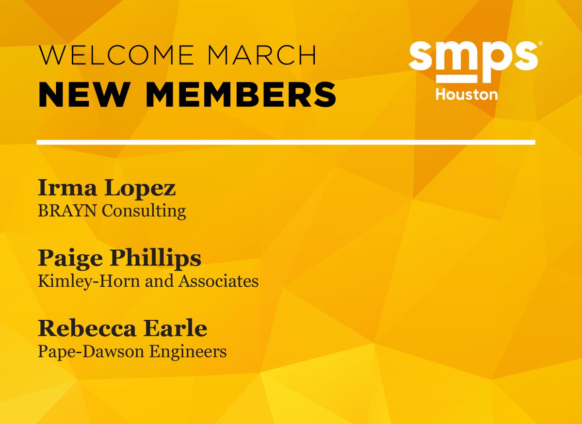 A big welcome to our newest members of SMPS Houston Irma Lopez, Paige Phillips, and Rebecca Earle. SMPS Houston Members drive our Chapter and the Society, and through your membership, we continue to grow and thrive!
#SMPSHouston
#AECMarketing
