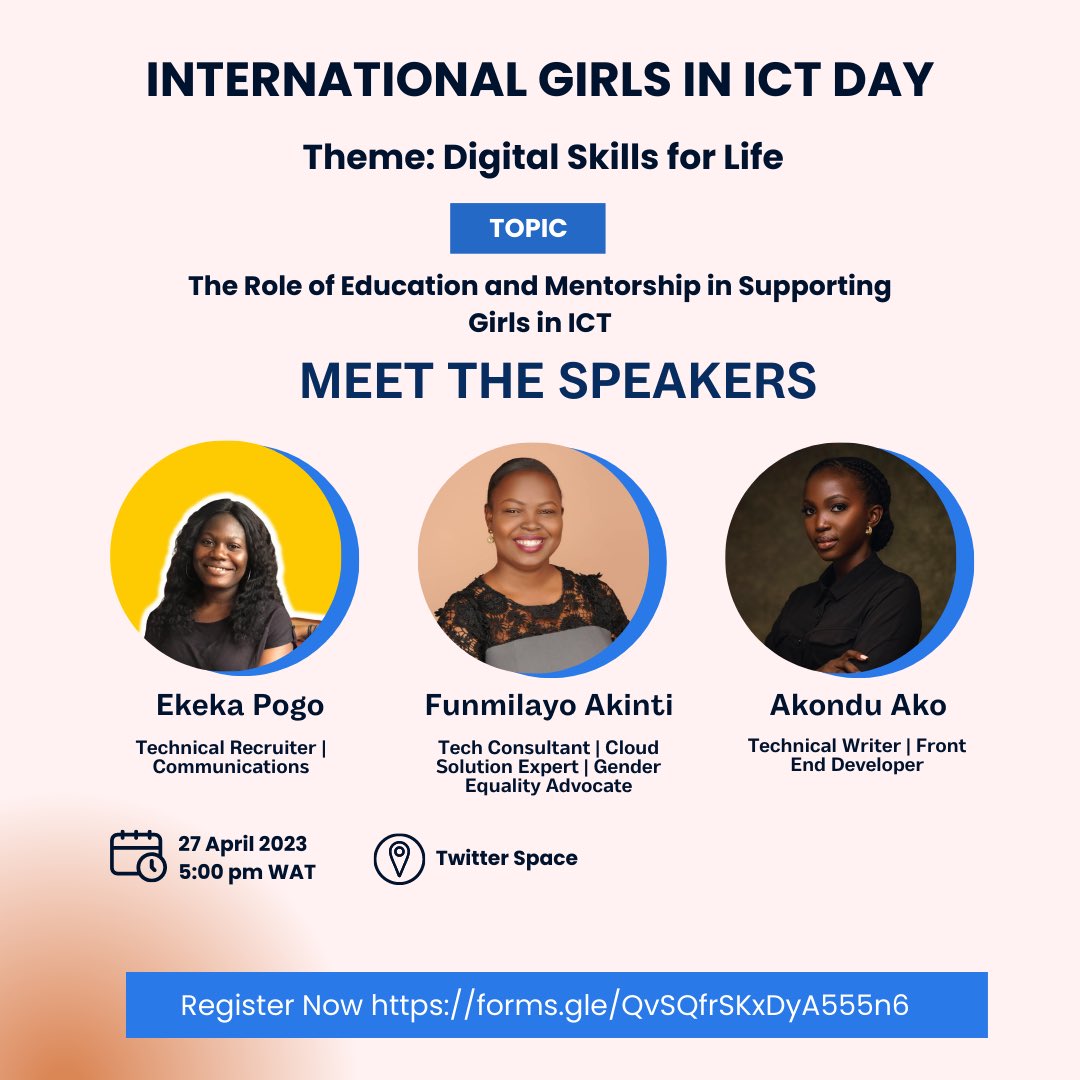 ojile_tryphena's tweet photo. In commensuration of this year's International Girls in ICT Day, join me and my favorite girl @Priscileah23 for a fireside chat with some of the best tech sisters in the field, Ekeka Pogo, Akondu Ako and Funmilayo Akinti https://t.co/H9rJghJGD8
