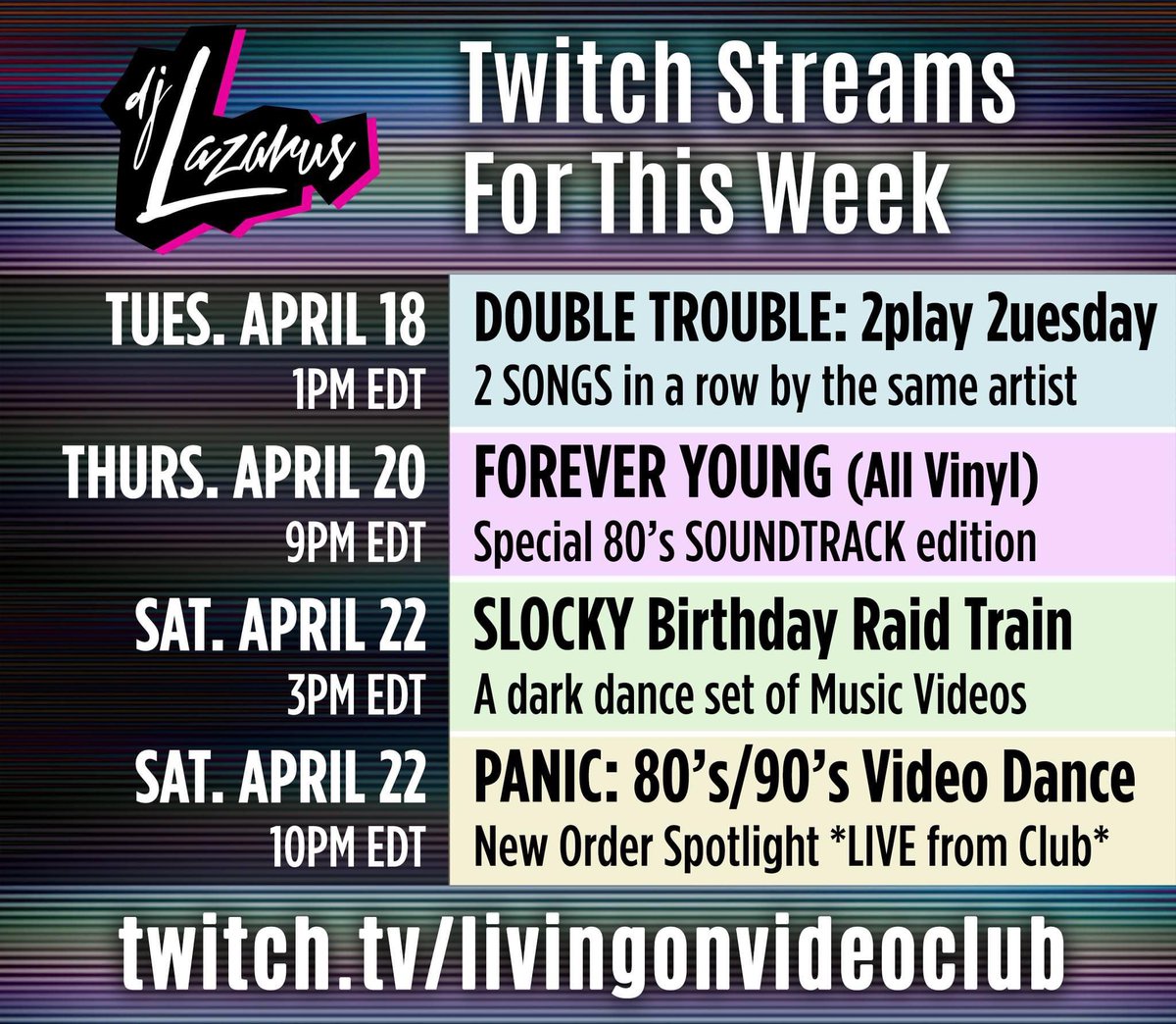 djlazarusrocks's tweet photo. Follow: https://t.co/J9bnQaTBgI #twitch #twitchdj #twitchraidtrain #streamingdj #toronto #torontolife #torontoevents #80s #90s #darkwave #postpunk #alternative #industrialmusic #ebm #dj #retro #electronica #newmusic #music #onlinedj #neworder https://t.co/IiTR7sTAQr