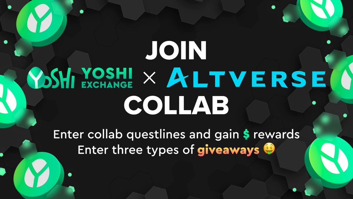 YoshiExchange's tweet photo. Enter guaranteed rewards bonanza in our new @Yoshiexchange x @Altverseai Collab

👑300 Blue Orbs on Altverse profiles - guaranteed to every accomplice

🪙 5 prizes of $20 in $YOSHI each - raffled among accomplices

👇https://t.co/qQlEGMqsGS

#giveaway #defi #dex #web3 #zealy https://t.co/Zcu8DRZyUV