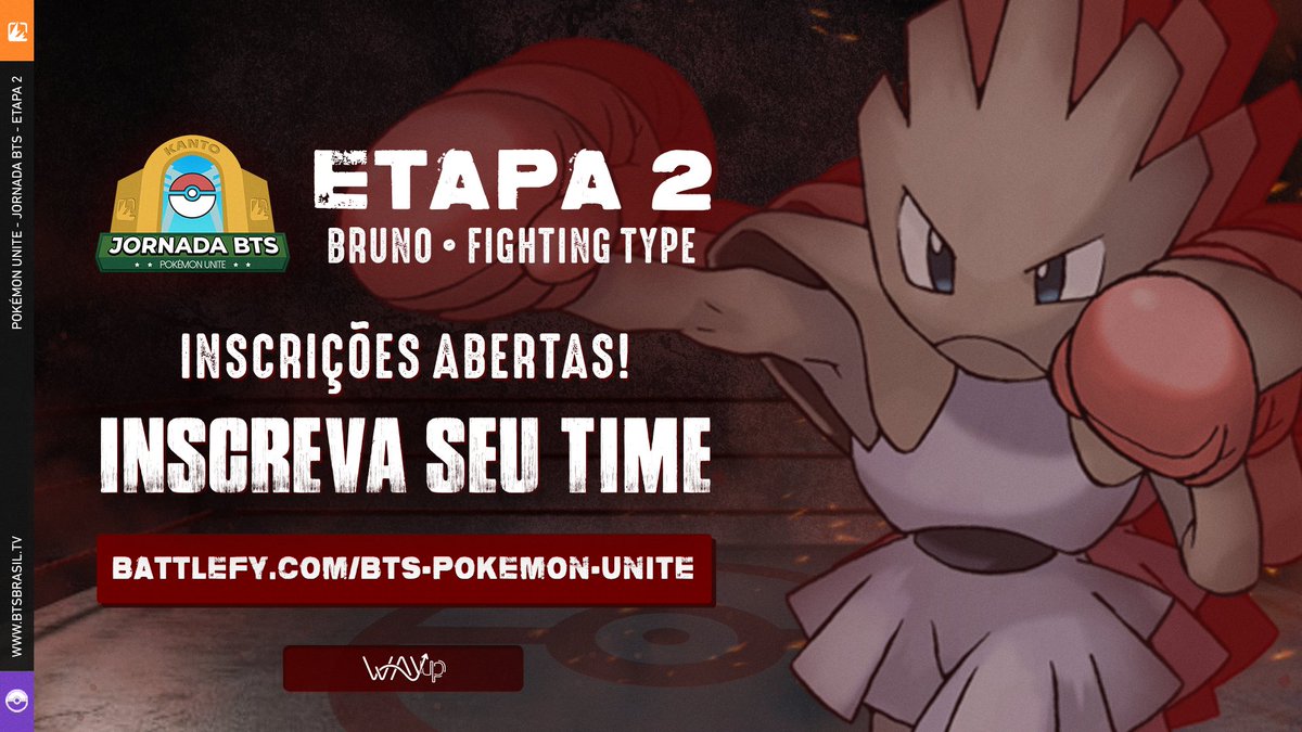 Passando pra relembrar os treinadores que as inscrições pra Etapa 2: #Bruno seguem ABERTAS! 💥

🥊 Inscrições gratuitas
🥊 2 MIL REAIS em prêmios
🥊 Jogos a partir de 6 de maio

Vem com seu time lá no Battlefy da Jornada BTS de #PokemonUNITE e garanta sua vaga!

#PokemonnaBTS