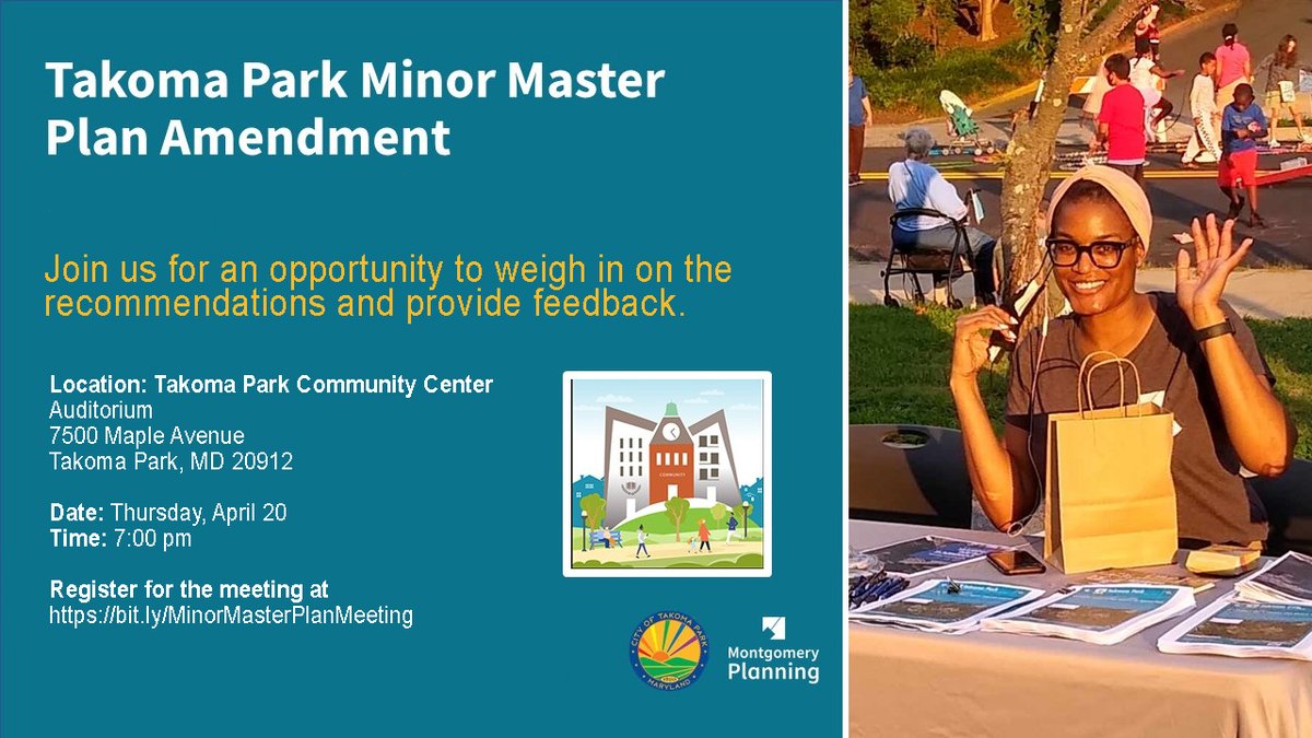 TakomaParkMD (@takomaparkmd) on Twitter photo Join us and our partner <a href="/montgomeryplans/">Montgomery Planning</a> for a chance to weigh in on the recommendations & provide feedback on the Takoma Park Minor Master Plan Amendment held this evening, Tuesday, April 18, at 7pm at the Community Center in the Auditorium.
Learn more: bit.ly/3A9E7Wp Join us and our partner <a href="/montgomeryplans/">Montgomery Planning</a> for a chance to weigh in on the recommendations & provide feedback on the Takoma Park Minor Master Plan Amendment held this evening, Tuesday, April 18, at 7pm at the Community Center in the Auditorium.
Learn more: bit.ly/3A9E7Wp