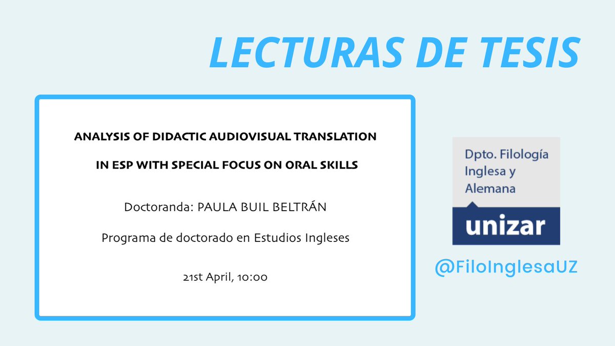 #LECTURADETESIS #PHDVIVA 

Our PhD candidate, Paula Buil (<a href="/paulabuil/">Paula Buil</a>), will present her thesis "Analysis of didactic audiovisual translation in ESP with special focus on oral skills"

📅21st April, 10:00 
📍Sala de Vistas, Faculty of Law

Good luck!