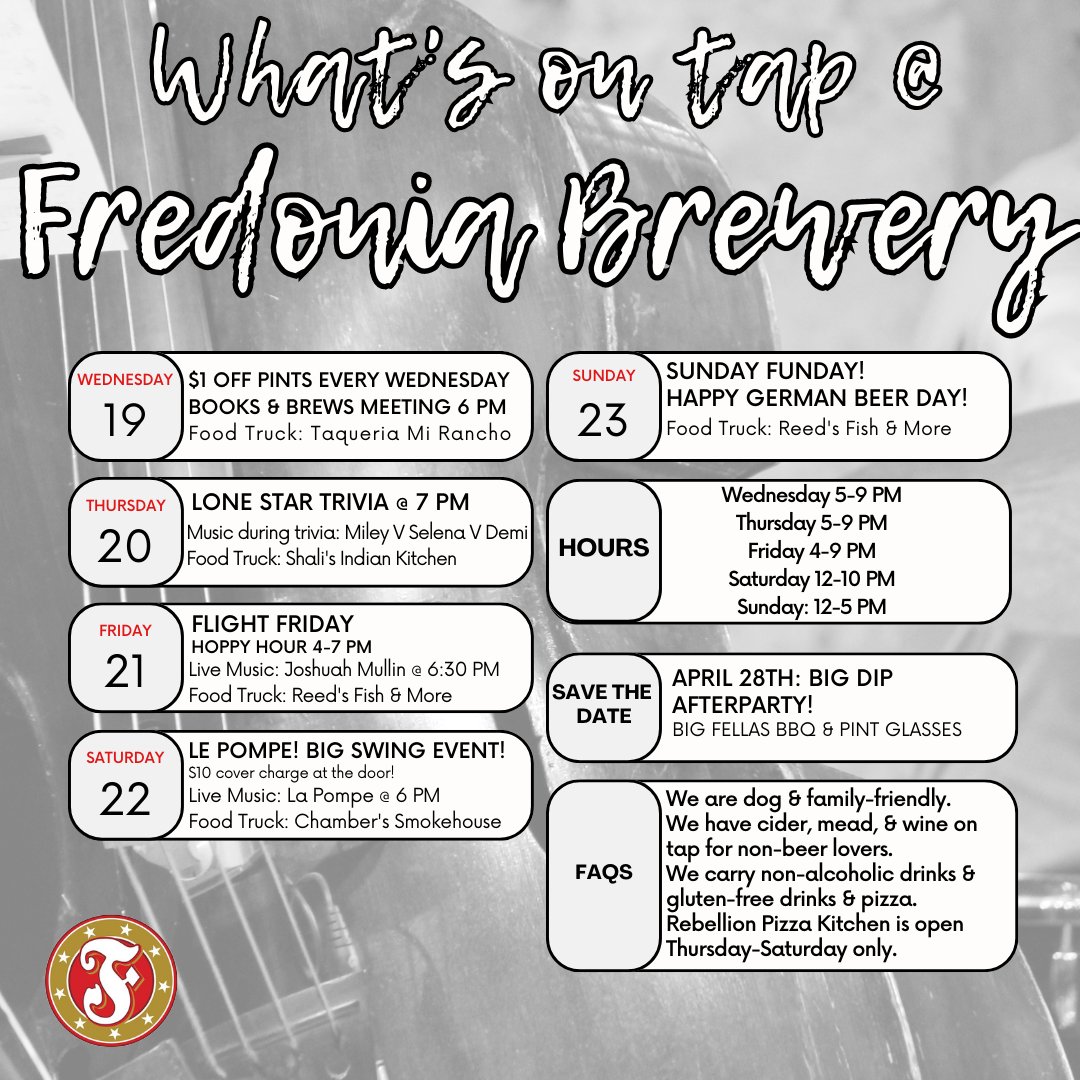 FredoniaBrewery's tweet photo. It's "What's on Tap Tuesday" beer nerds!! :)
Lots going on during the week but the main event is on Saturday with Le Pompe!! There is a $10 cover charge at the door but other than that---beer-ness as usual!
#DrinkLocalBeer #SIPportLocal #BigSwingEvent https://t.co/LnYwSmuGyF