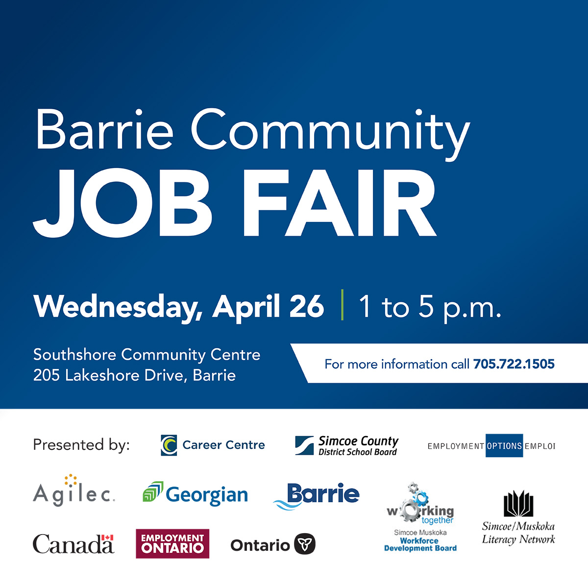 SimcoeSml's tweet photo. Looking for work? Connect with employers that are actively hiring! Attend the Barrie Community Job Fair happening Wednesday, April 26 from 1 to 5 p.m. at the Southshore Community Centre, 205 Lakeshore Dr., Barrie. No registration required. For more information call: 705.722.1505 https://t.co/3EvO9nlWnG