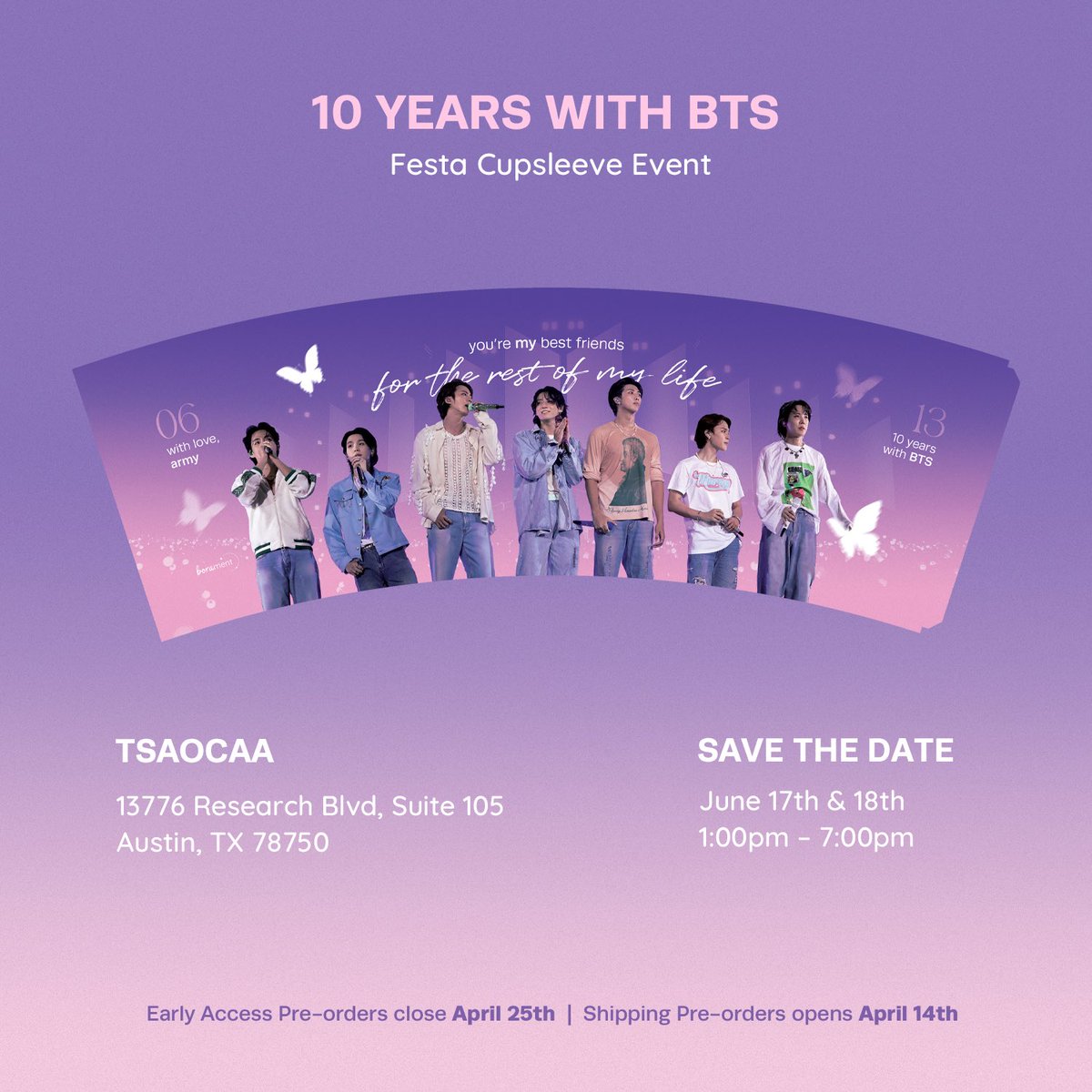 boraments's tweet photo. 💜 10 YEARS WITH BTS 
Festa Cupsleeve Event

Join us in celebrating BTS’ 10th anniversary!
Pre-orders are open and include special goodies including a Photocard Holder &amp; Slogan ✨

SHIPPING OPTION AVAILABLE!

#bts #btsarmy #cupsleeveevent https://t.co/WzRMIOemUQ