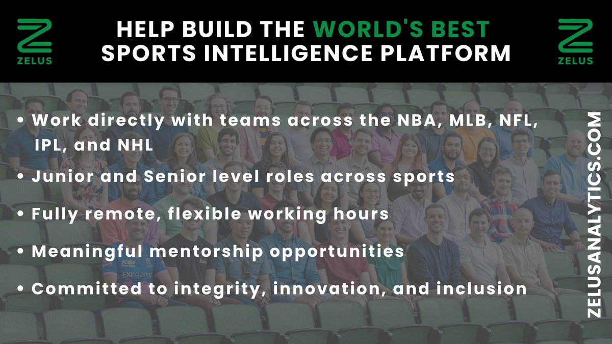 ZelusAnalytics's tweet image. Join us! We&apos;re hiring for data science, product, operations, and engineering roles across various sports (🏒🏈⚾️⚽️🏀🏏🎾⛳️). Work remotely with our talented team at Zelus and help shape the future of sports analytics. Learn more on our careers page zelusanalytics.com