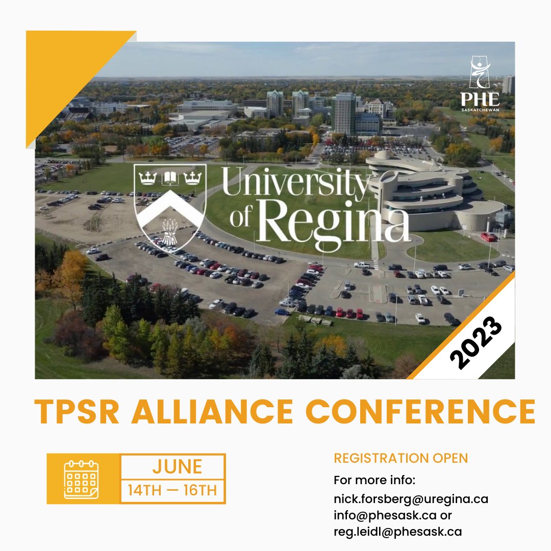phesaskatchewan's tweet photo. Registration for the TPSR Alliance Conference 2023 is NOW OPEN! 

The conference will be taking place from Wednesday, June 14th to Friday, June 16th in Regina, SK. 

For additional information or to register, visit our website: https://t.co/9FLmHd5V9w

#uregina #uofr #yqrlocal https://t.co/Oje31WhE9m