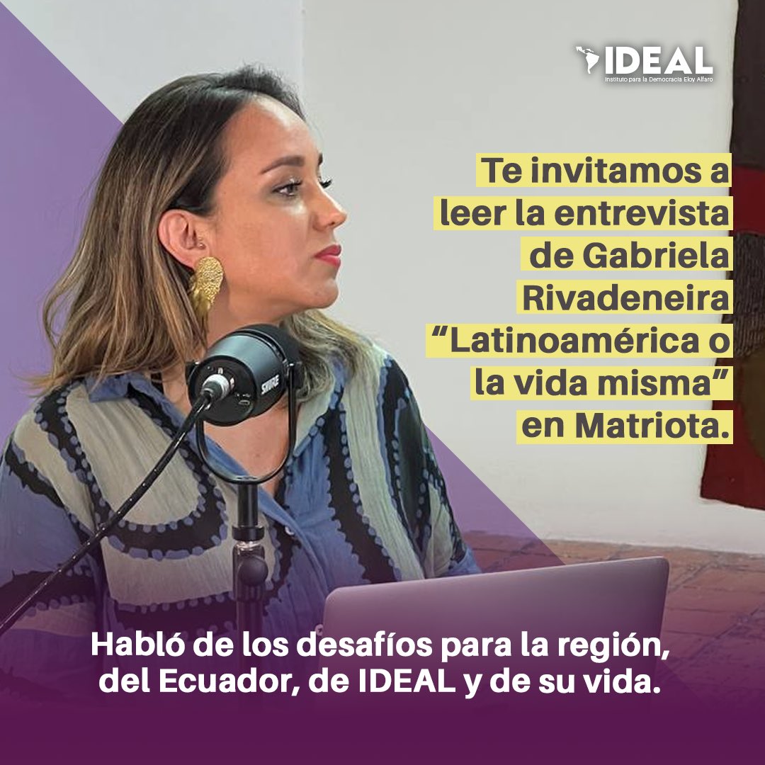 InstitutoIDEAL_'s tweet photo. 🇪🇨✊ @GabrielaEsPais habló con Matriota sobre los desafíos de América Latina, la compleja situación de #Ecuador, de IDEAL y del exilio.

“Que la derecha te diga que eres una instigadora, bueno, gracias por la medallita”📣

👉 Te invitamos a leerla en https://t.co/WBlbAJfpit https://t.co/aIsC76fEEg