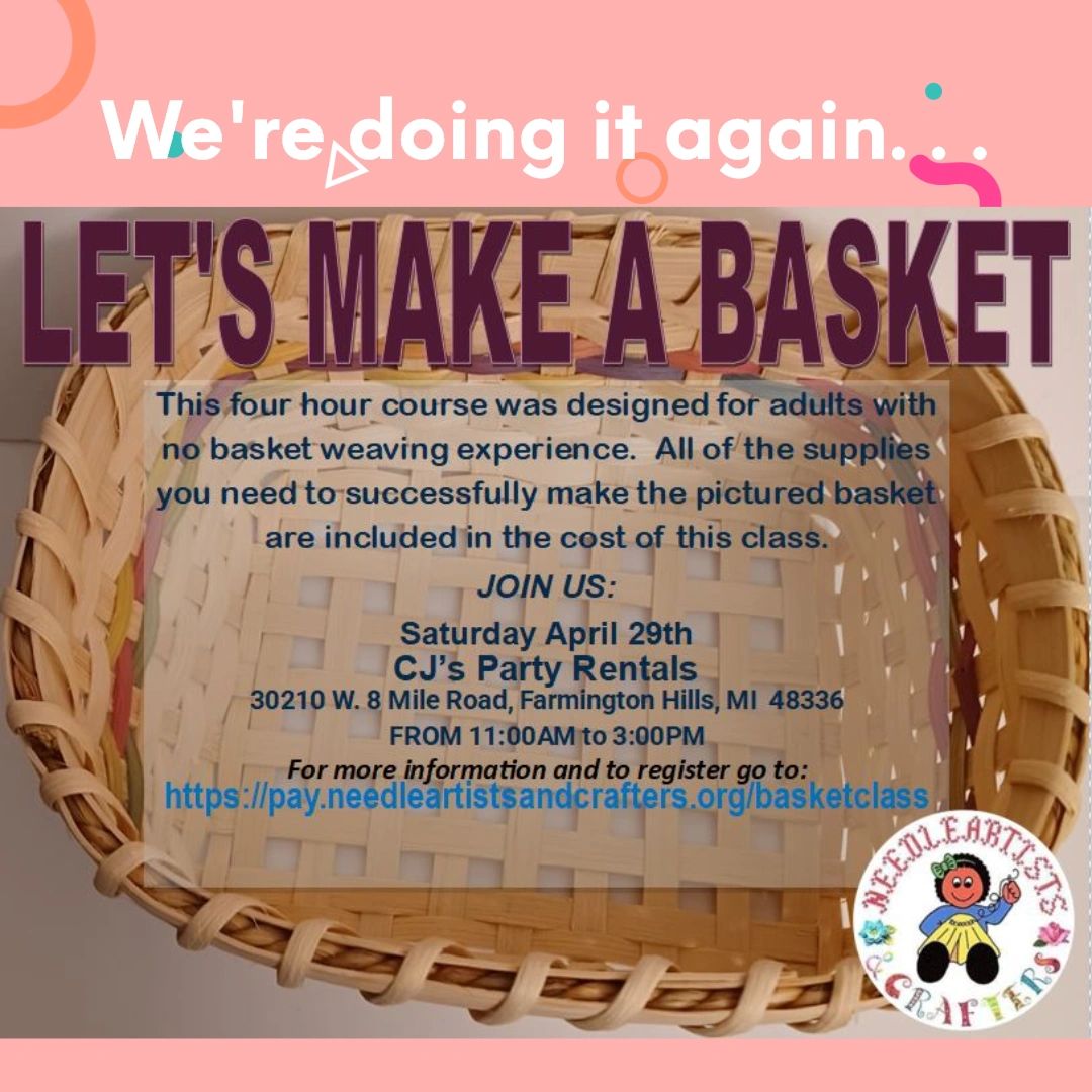 andreagfields's tweet image. This is a GREAT opportunity for you to learn how to make baskets.
For more information and to register today go to: 
pay.needleartistsandcrafters.org/basketclass