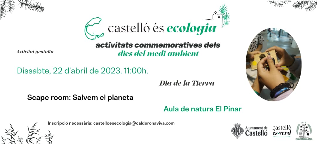🌳 Castelló és ecologia celebrarà aquest dissabte el Dia de la Terra amb un “scape room” al Pinar.

👉L’activitat serà a l’Aula de Natura amb el títol “Salvem el planeta”.

📍 Inscripcions a castelloesecologia@calderonaviva.com 

ℹ️ bit.ly/3KPKKlG