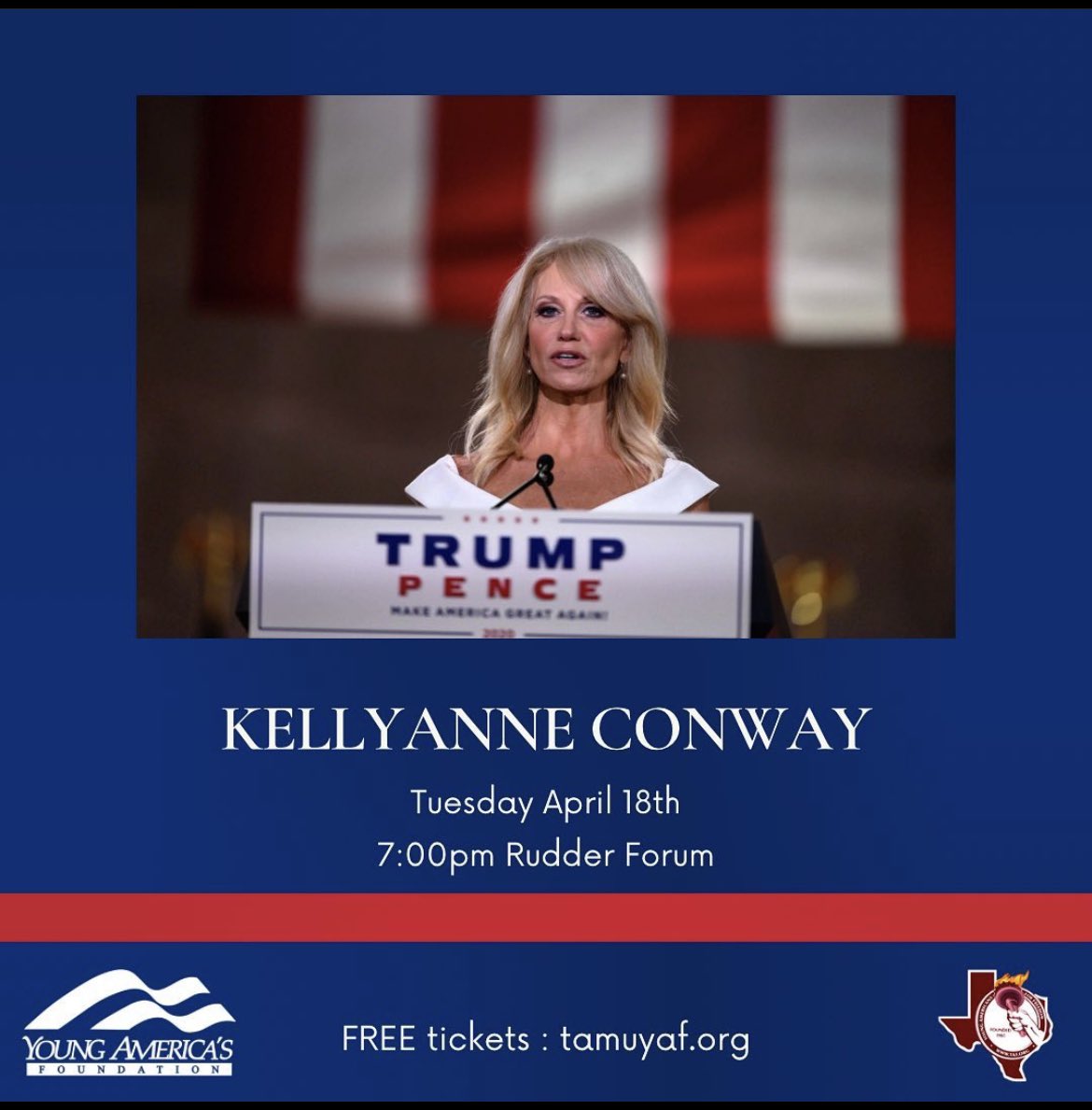 tamuyaf's tweet photo. ‼️ TONIGHT ‼️

@KellyannePolls will be speaking on campus at Texas A&amp;M University!

🎟️ A limited amount of FREE TICKETS are still available at https://t.co/P2l8YLJeBW 🎟️

Doors open at 6:00pm! 

You don’t want to miss this!!

@yaf #onlyatYAF #YAFoncampus https://t.co/lJxqSzZoln