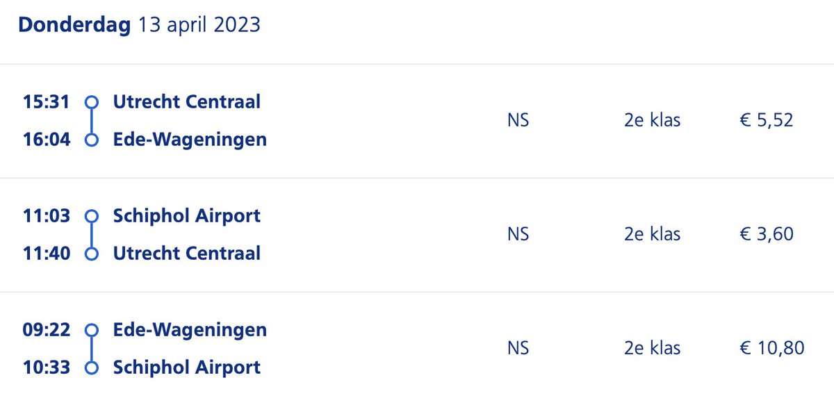 Vraagje voor <a href="/NS_online/">NS online</a>: Waarom kost een rit tussen Schiphol en Ede-Wageningen €1,68 minder als ik in Utrecht uit de trein stap om te gaan winkelen?
