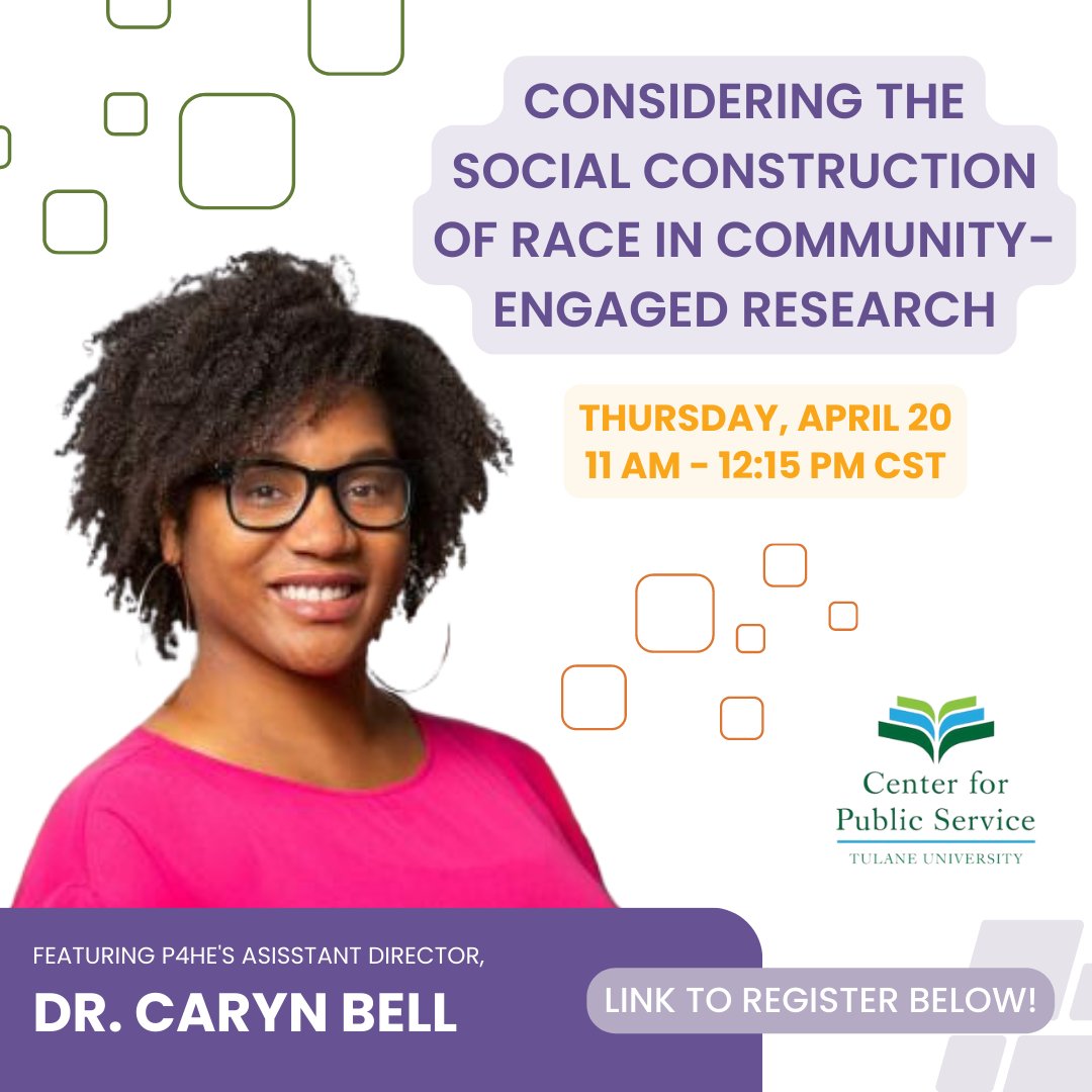 Partners4he's tweet photo. Join @tulanecps &amp; @partners4he's Associate Director, Dr. Caryn Bell, as they discuss how to align understandings of the social construction of race on April 20 @ 11 AM CST. 

Reserve your seat: https://t.co/CxccTREgjg  

#partners4he #publichealth #p4hecollaborative #tulanesphtm https://t.co/AYl69Bv9Ip