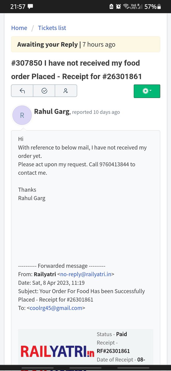 oshorahul's tweet photo. @RailMinIndia @RailwaySeva 
Ordered food via Railyatri app paying online. Order was not received. I immediately reported it but no action was taken. I waited for a week but no action even up continous reminder. Please hold @RailYatri accountable &amp; fine them for no accountability. https://t.co/B4vT4ldHJc