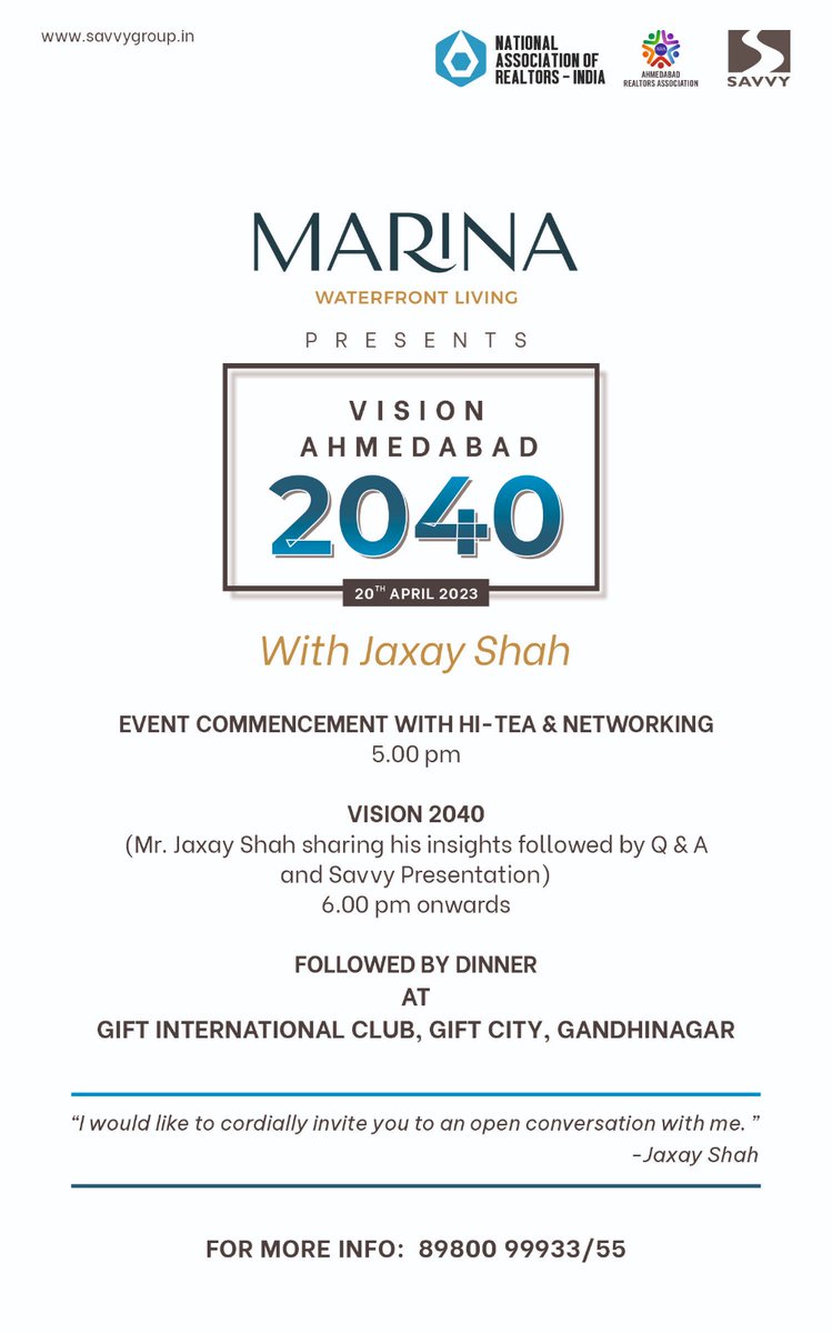 jaxayshah's tweet image. I will be joining Marina's Vision Ahmedabad 2040, sharing my insights and experiences on 20th April 2023 at Gift City International Club, Gandhinagar.  Hope to see you all there. 

#Ahmedabad #Gujarat