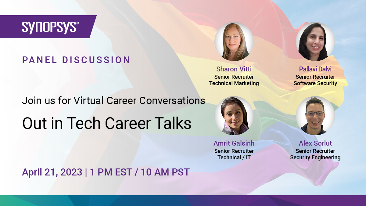 Join us on April 21st for @OutInTech's Career Talks to learn from our dedicated recruiters more about Synopsys and your career opportunities here! 💬 

Click here to register: bit.ly/41tsgOP
Join our talent community here: bit.ly/3mx5d6J