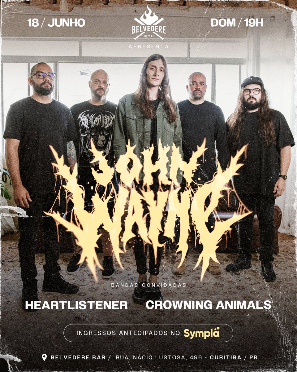 BandaJohnWayne's tweet photo. ALÔ, CURITIBA! 18/06 temos um encontro marcado no Belvedere Bar junto com os amigos da @heartlistenerhc &amp; @crowninganimals ❤️‍🔥🤘🏽

Ingressos a venda no link da bio 🎟️

#bandajohnwayne #metalcore #hardcore #metal #curitiba #parana https://t.co/1JO8mwuO3Q
