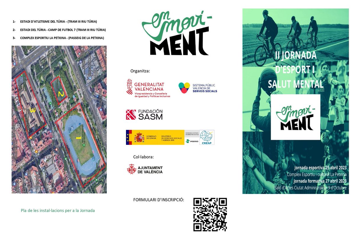 GVAIgualtat's tweet photo. 🗣 @GVAinclusio, @Creap_Valencia i @FundacionSASM organitzen el dia 25 la II Jornada d'Esport i Salut Mental, al llit vell del riu Túria front al Complex de La Petxina
✍️ La inscripció a la jornada formativa del dia 27 està oberta a través d'este codi QR
👇 https://t.co/9on34XAtbZ
