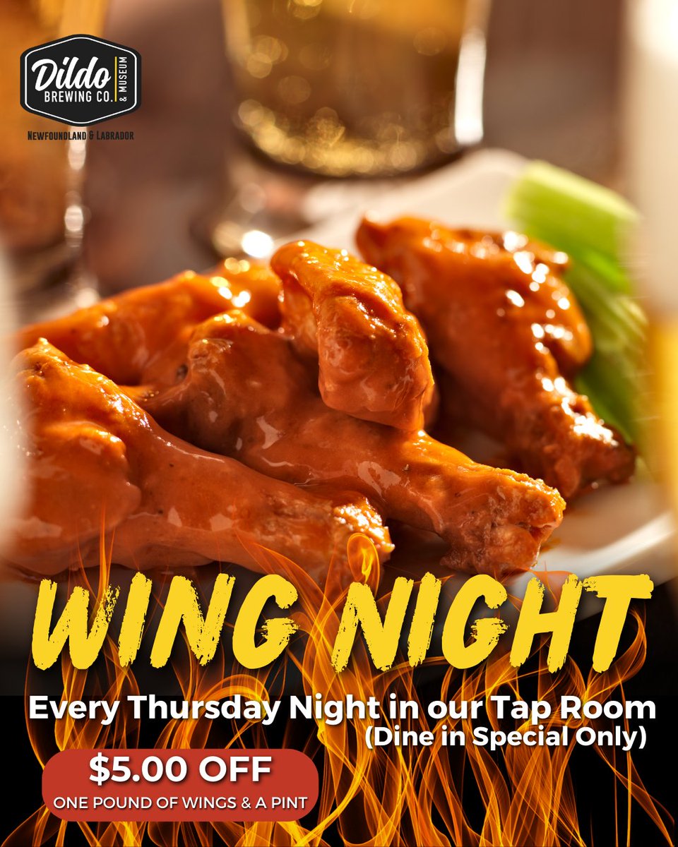 Every Thursday, enjoy $5 off one pound of our mouth-watering wings and a pint of our signature Dildo Brew.🍺🍗🔥 Indulge in flavours like Beer BBQ, Honey Hot, Sweet & Spicy, Honey Garlic, and Plain Jane, all while sipping on a cold, refreshing pint of beer.🍻