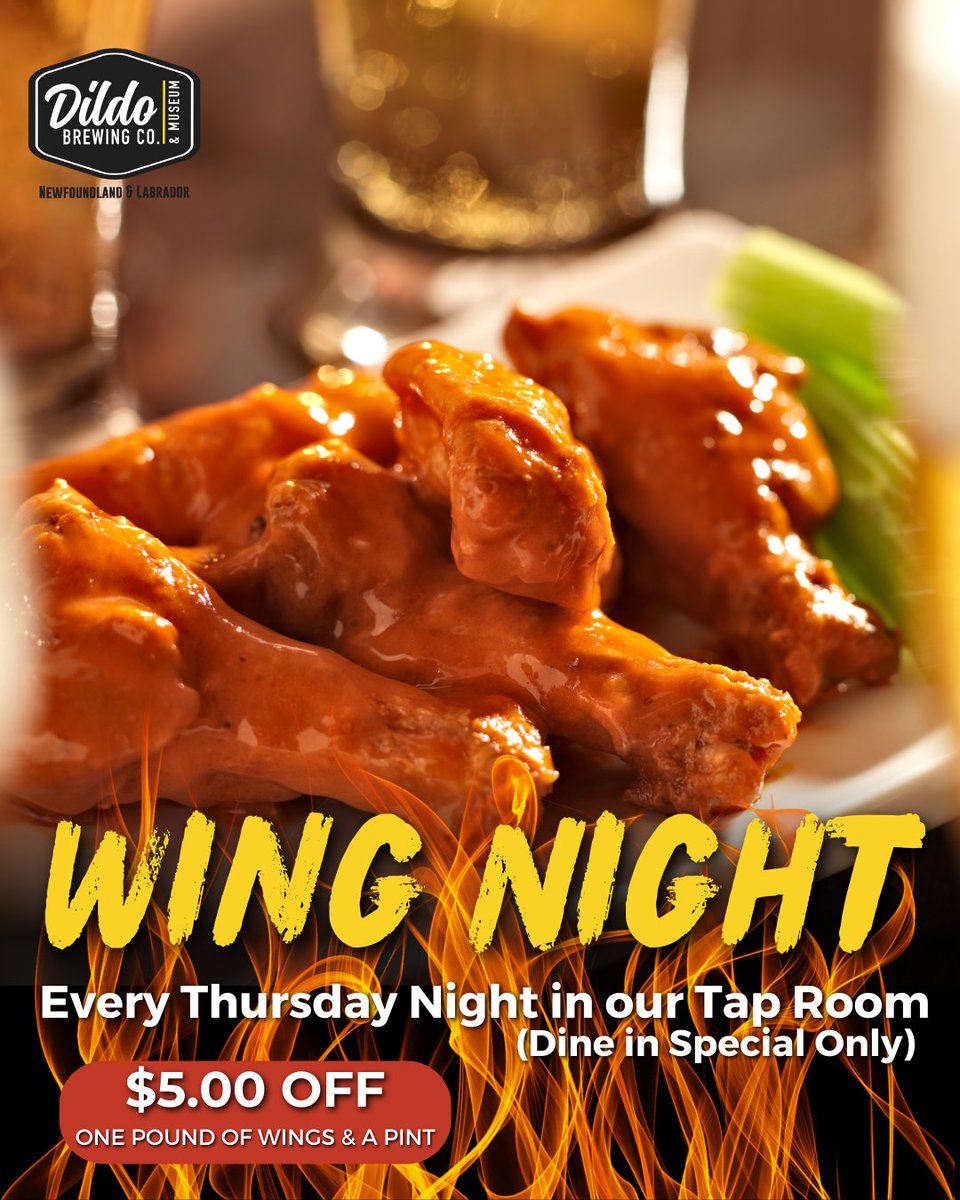 DildoBrewingCo's tweet photo. Every Thursday, enjoy $5 off one pound of our mouth-watering wings and a pint of our signature Dildo Brew.🍺🍗🔥
Indulge in flavours like Beer BBQ, Honey Hot, Sweet &amp; Spicy, Honey Garlic, and Plain Jane, all while sipping on a cold, refreshing pint of beer.🍻 https://t.co/UWuraR9KKf