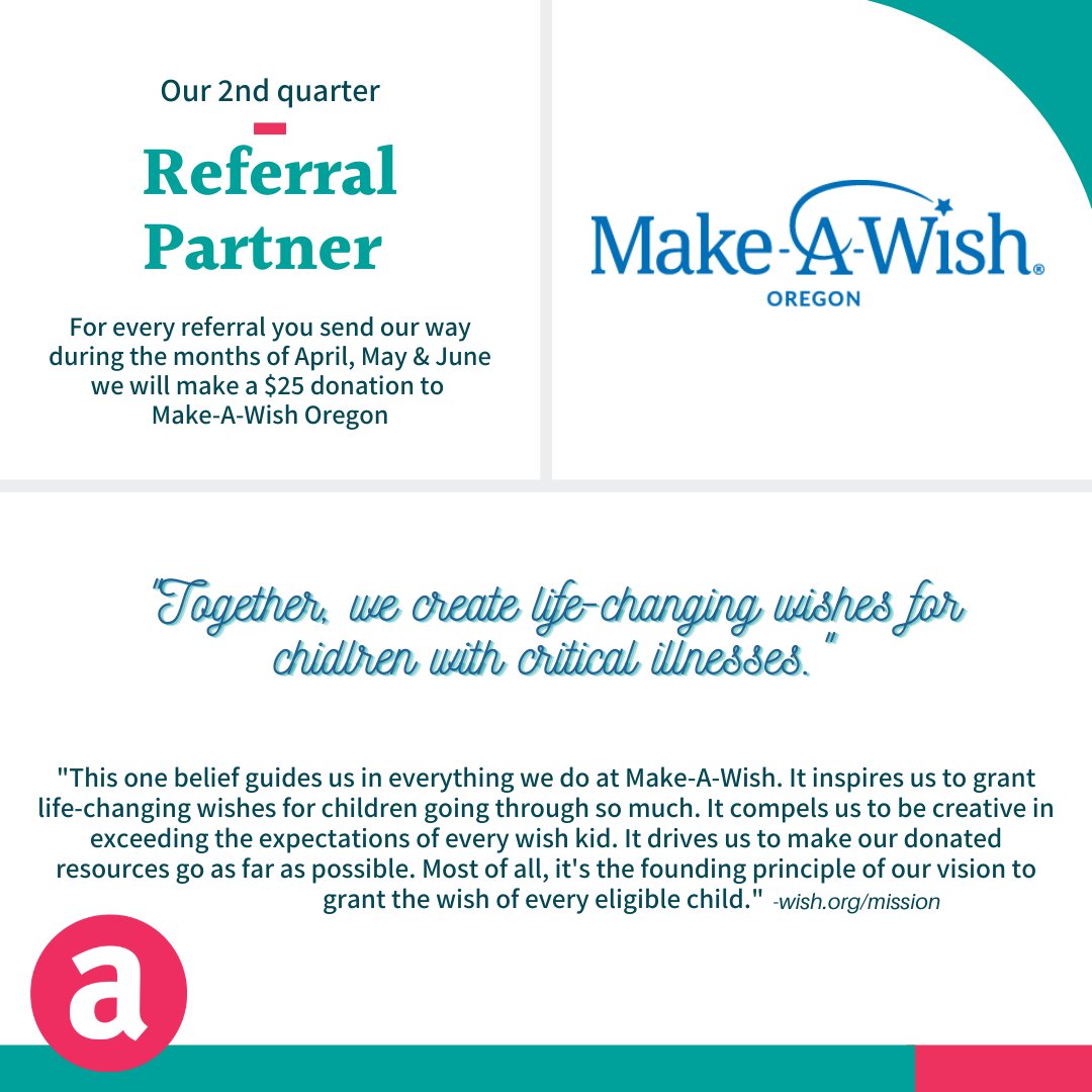 AtkinsonInsure's tweet image. Introducing our second quarter #referral #partner, @Make-A-Wish Oregon!  Join us in making a difference here locally at the Make-A-Wish organization by sending referrals to @Atkinson Insurance Group over the  next three months!