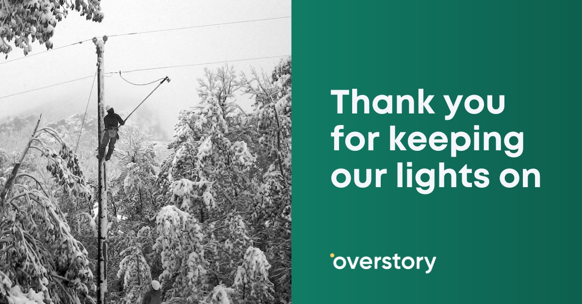 overstoryai's tweet photo. Today, on Lineworkers Appreciation Day, we celebrate the dedicated folks who work tirelessly day and night to power our lives.

Thank you—from the bottom of our hearts—for everything you give to your work and to your community. https://t.co/TBROiHBYGA