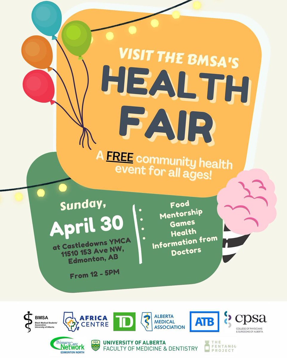 Join the Black Medical Students’ Association for their second annual Health Fair! <a href="/AlbertaBMSA/">University of Alberta BMSA</a>

Happening April 30 at Castledowns YMCA.

Included: bouncy castles, henna, health information booths with physicians and allied health workers and info on getting into medical school.