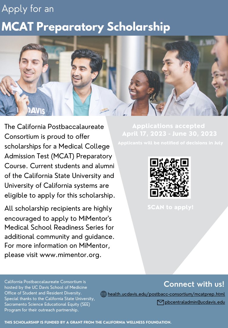 UCSF_LCOE's tweet photo. The application for the MCAT Preparatory Scholarship is now open! The deadline to submit your application is June 30, 2023. Apply here: https://t.co/9NNN1aw3po https://t.co/tmiqpgO5A0