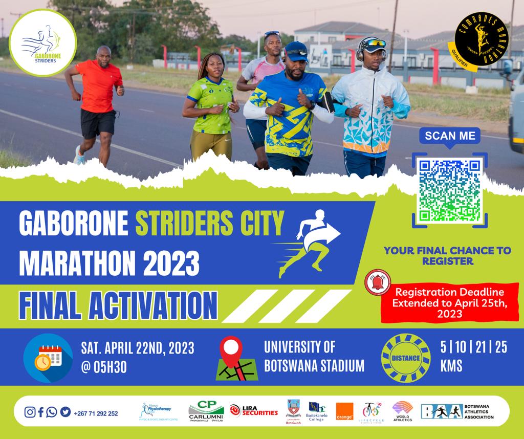 GabzStriders's tweet photo. Join us for the ultimate party run! We're hosting the final Gaborone Striders City Marathon activation this Saturday at the University of Botswana Stadium from 0530 am. Bring your friends, family, &amp; colleagues for a fun-filled day of running &amp; celebration. See you there!
#GSCM23 https://t.co/CZtYdX3Q0F