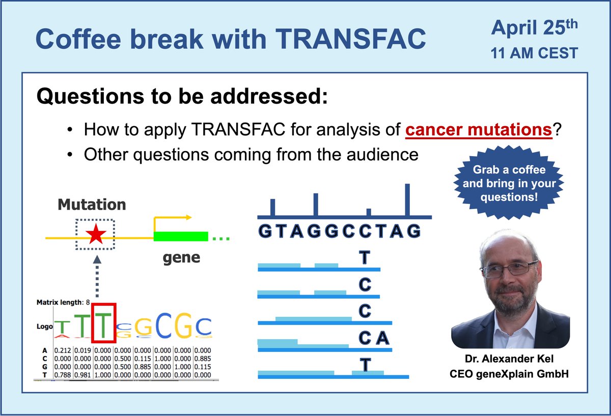 geneXplain's tweet photo. Join us for the next Coffee break with TRANSFAC that will be held on April 25th at 11 AM CEST
Get the link here https://t.co/bTBW2cCSRp 

#bioinformatics #SystemsBiology #webinar #PromoterAnalysis #DNA #TRANSFAC #TFBS #genes #TranscriptionFactor #SNP #Variation #CancerResearch https://t.co/Bc2l6KlVBh