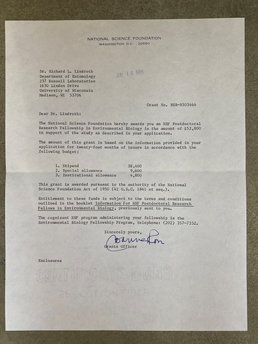 Of >20 NSF grants during my career, THIS one was most professionally transformative. Forever grateful, <a href="/NSF/">U.S. National Science Foundation</a>!  (Check out that 2-yr #postdoc stipend!) #NSFPostdoc <a href="/UWMadison/">UW–Madison</a> #chemicalecology #sciencecareers #retirement #cleaningoutfilecabinet #researchgrant