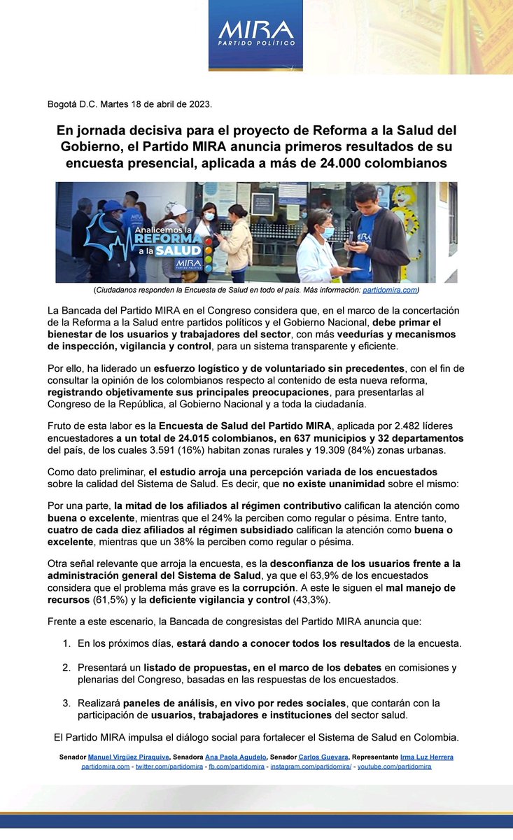 PartidoMIRA's tweet photo. En jornada decisiva para el proyecto de Reforma a la Salud del Gobierno, el @PartidoMIRA anuncia:

1️⃣ Primeros resultados encuesta presencial: 24.000 colombianos

2️⃣ Radicación de proposiciones en el Congreso

3️⃣ Panel de Análisis en vivo por redes

Video: https://t.co/3y462a9Xef https://t.co/LVsl2RS10X