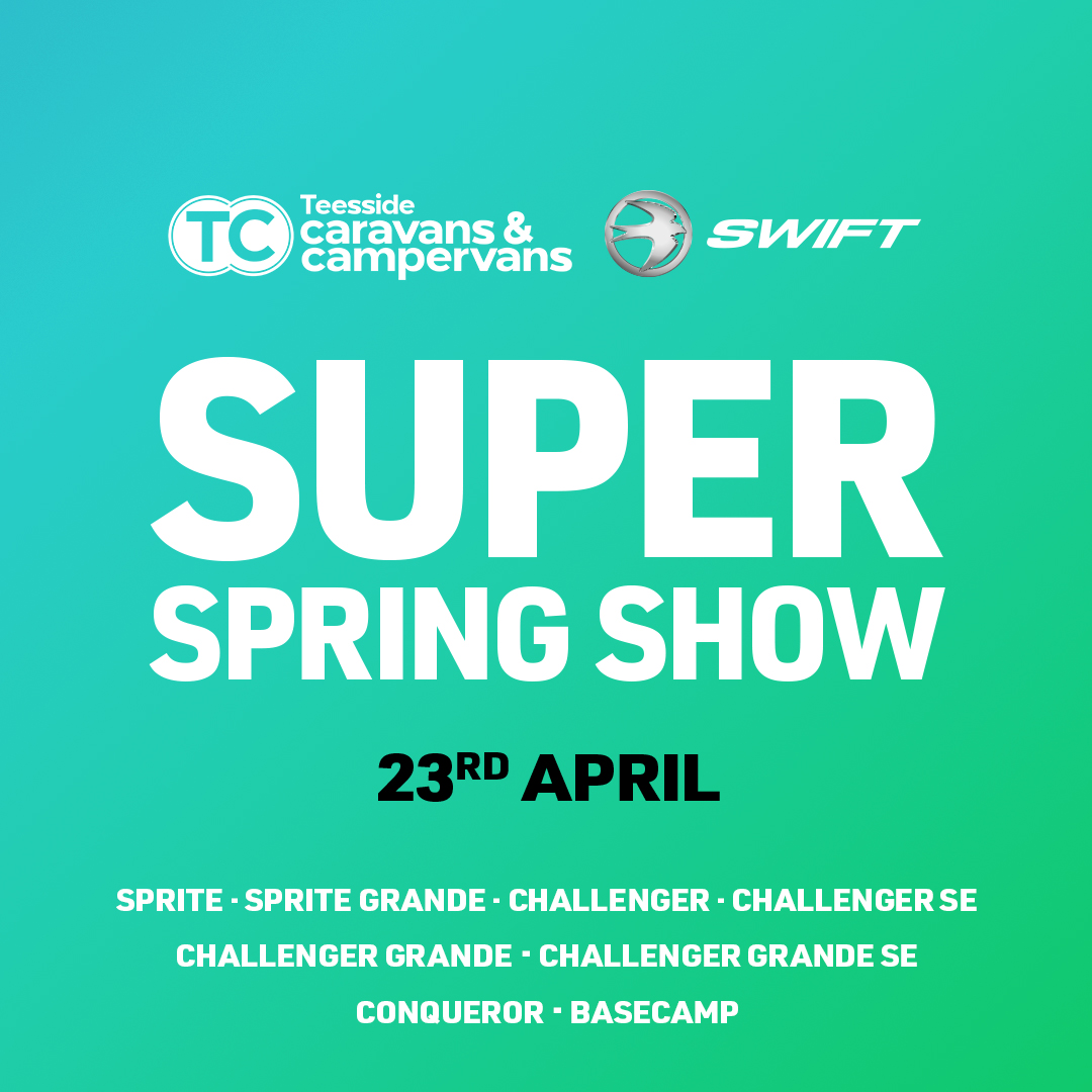 swiftgroup's tweet photo. Get unbeatable deals and freebies at @TeessideCaravan Spring Show Event next weekend, 22nd-23rd April!

Buy a new caravan and get free service, Supagard or a £150 accessories voucher.
Buy a Swift Monza campervan and get a free grill and first-year hab check. https://t.co/5WDQ1JBANk
