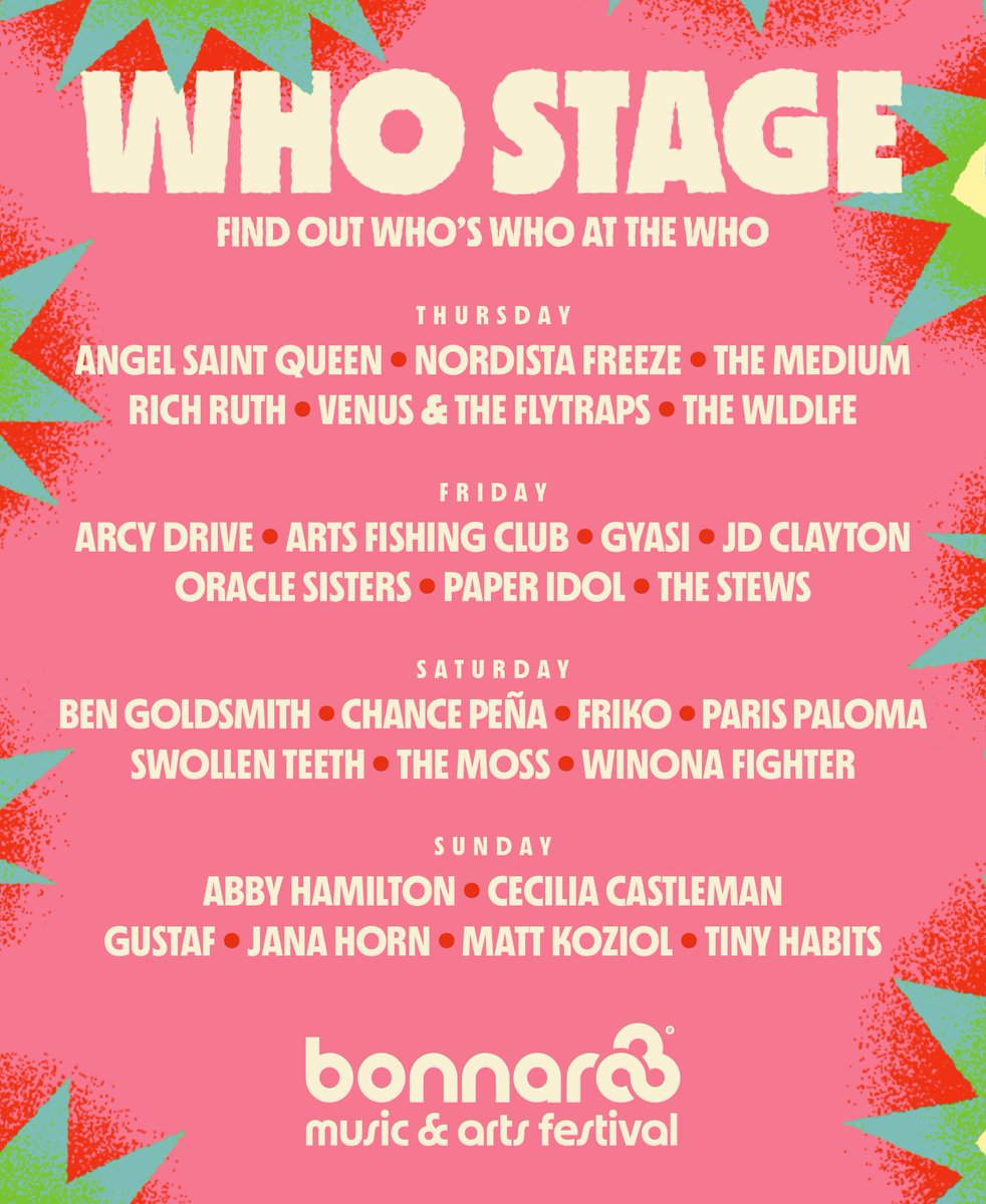 Bonnaroo's tweet photo. say hey to your Who Stage Lineup! 👋⁣

as Bonnaroo's go-to destination for music discovery, the Who Stage is THE place to catch some of the best up-and-coming artists all weekend long in Centeroo 🌈

so go give 'em a listen! WHO knows… you may just find your new fav 👀 https://t.co/CFtOWaaXpU