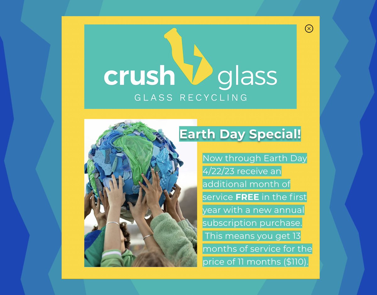 🌎Earth Day Special!!!  Get an extra month of service FREE on your first year with new annual subscription.  Signup now through 4/22/23 to get this deal.  Please share the news with your friends and family in Kansas City!
crushglasskc.com/sign-up