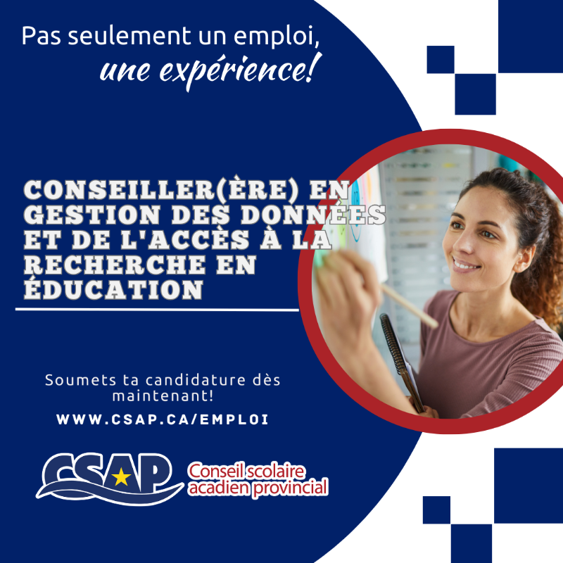 CSAP_Officiel's tweet photo. Pas seulement un emploi, une expérience! 💥

Nous sommes à la recherche d’un(e) Conseiller(ère) en gestion des données et de l'accès à la recherche en éducation pour combler notre équipe! 👥

#Emploienfrançais #CSAP #Acadie #Expérience

Postuler ou partager 👇