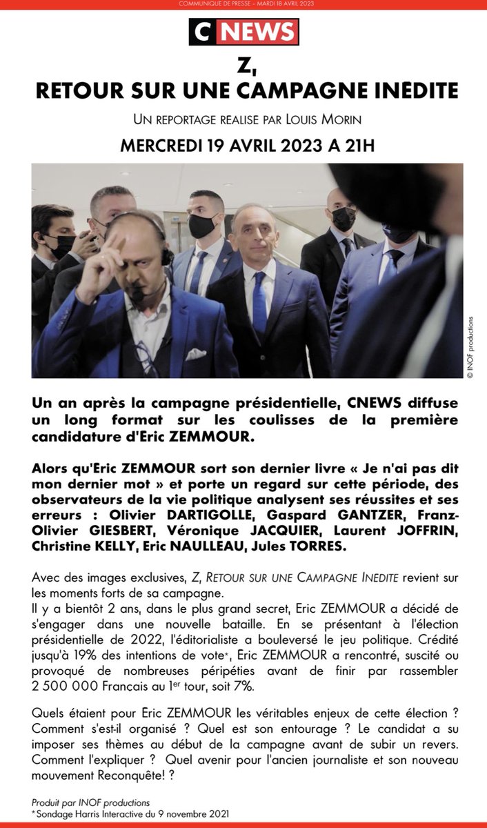 TLoussouarn's tweet photo. 🛑À VOIR SUR @CNEWS

▶️"Z, RETOUR SUR UNE CAMPAGNE INÉDITE" @Louis_Morin

Un an après la campagne présidentielle, #CNEWS diffuse un long format sur les coulisses de la candidature d’@ZemmourEric.

✅Images exclusives
✅Commentaires d’experts de la vie politique 
📅Mercredi à 21H https://t.co/ZZdtfyhpQG
