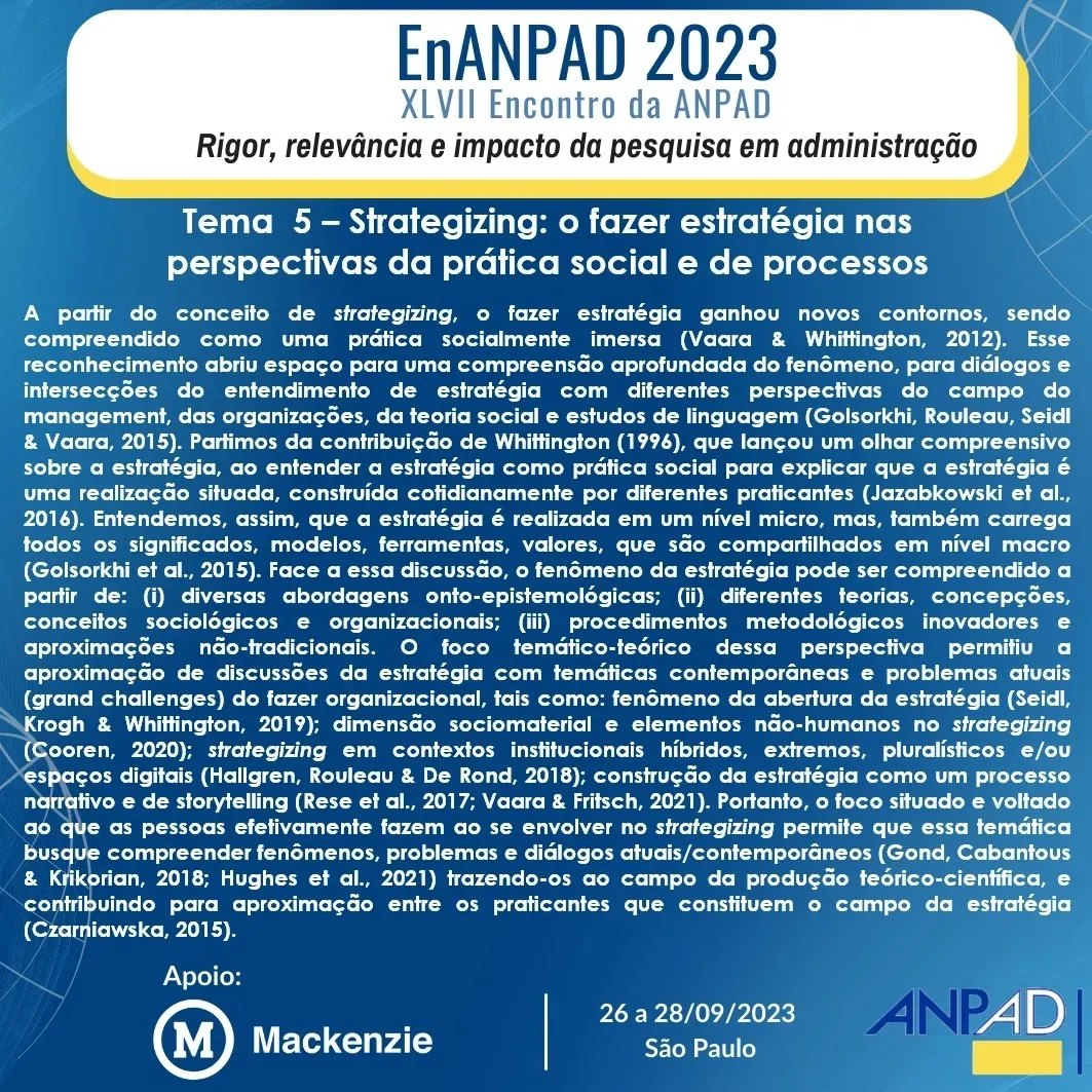 StrategizingP's tweet photo. Convidamos todos a submeterem os seus artigos para o nosso tema no congresso da ANPAD que será realizado nos dias 26 a 28 de setembro. Submissões abertas até dia 26/04 no Link:
https://t.co/ybS19qDq9Q https://t.co/By6TyrpGo5