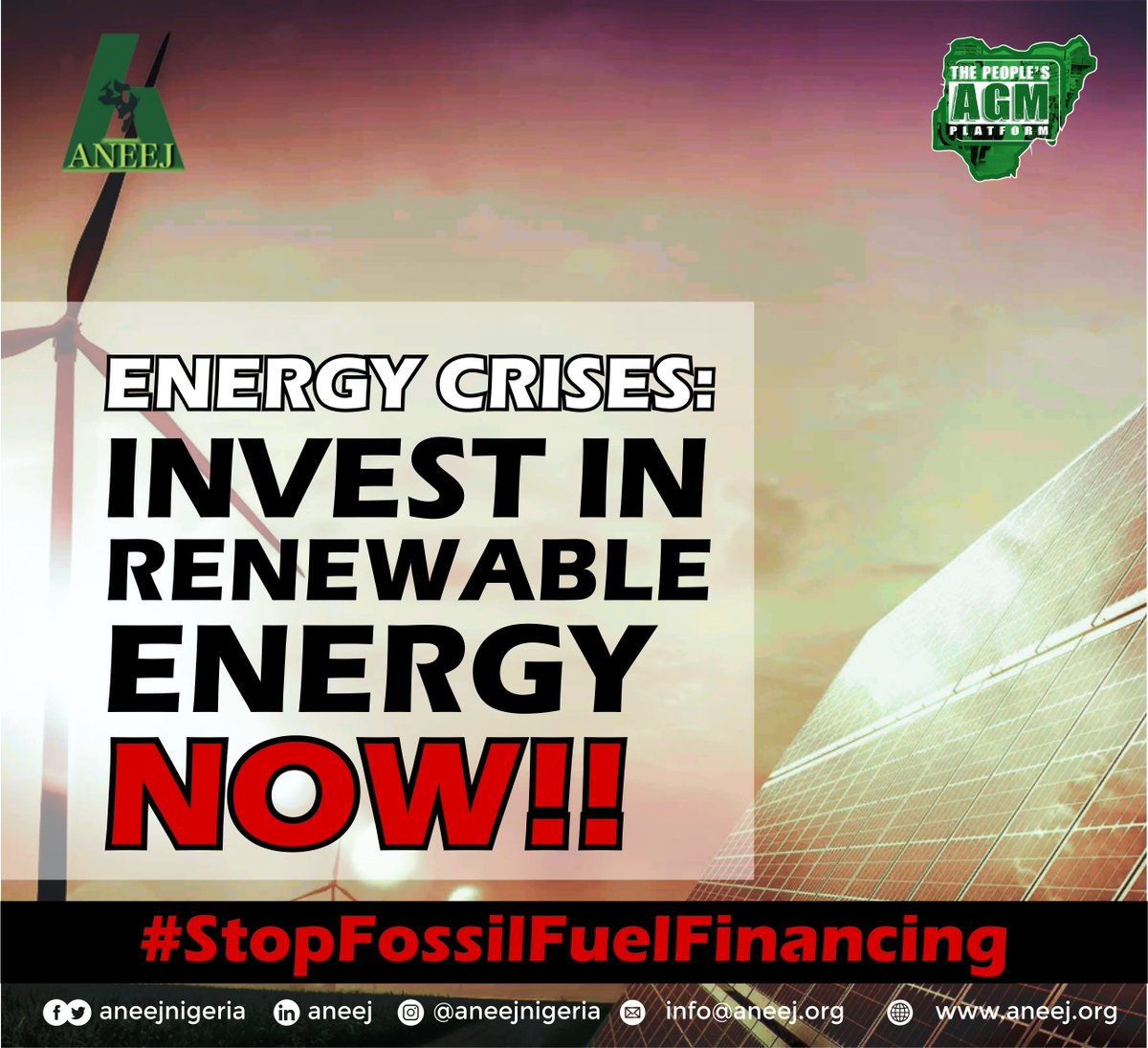 aneejnigeria's tweet photo. To solve the energy crisis, support access to clean and affordable energy for all.
#StopFossilFuelFinancing #PeoplesAGM https://t.co/ysx8005XDx