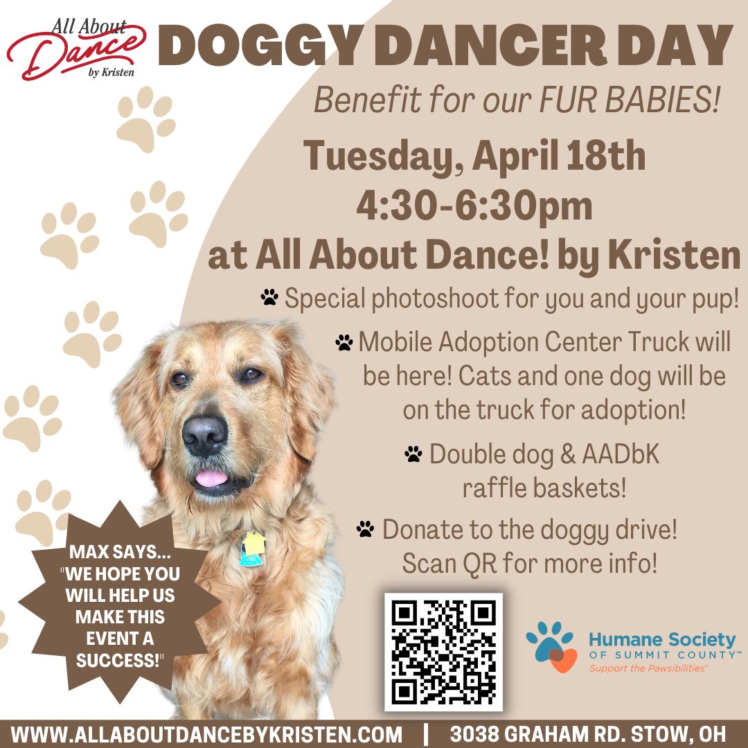 allaboutdance's tweet photo. DONATIONS NEEDED!  Please join us today!!  Summit County MOBILE ADOPTION CENTER 4:30pm-6:30pm will be at AADBK to walk through and adopt fur babies!  We Need Your Help...Bring any donations (old or new) to help our humane society!  Animals will be onsite for adoption!! https://t.co/tnYh1iwFAq