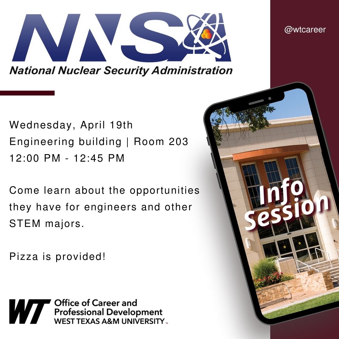 wtcareer's tweet image. More info for YOU! Check out our next Info Session with NNSA! Learn more in Handshake:
ow.ly/sw6950NAbNL
#WTEmployerOnCampus #WTInfoSession #WTInternshipAlert #WTFullTimeJobAlert