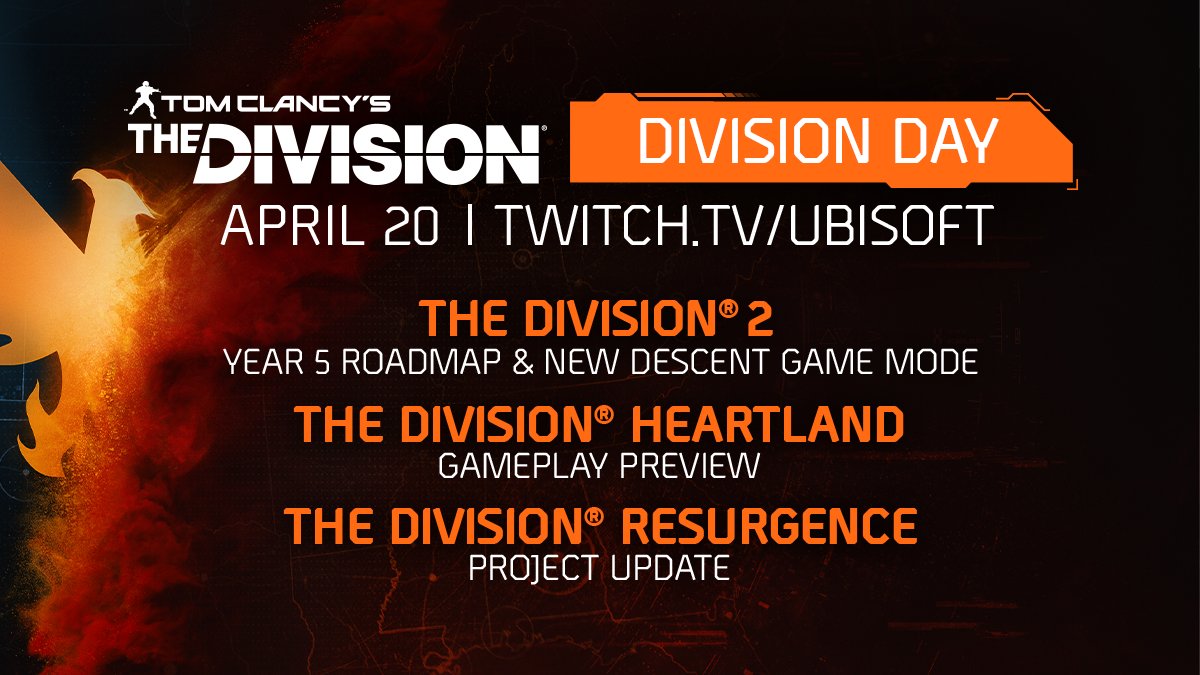 Clear your calendar for April 20th because we're about to take you on a journey through the past, present, and future of The Division Franchise! #DivisionDay 📍Where: twitch.tv/ubisoft & youtube.com/ubisoft 🕔When: 11AM PDT/ 8PM CEST/ 2PM EDT