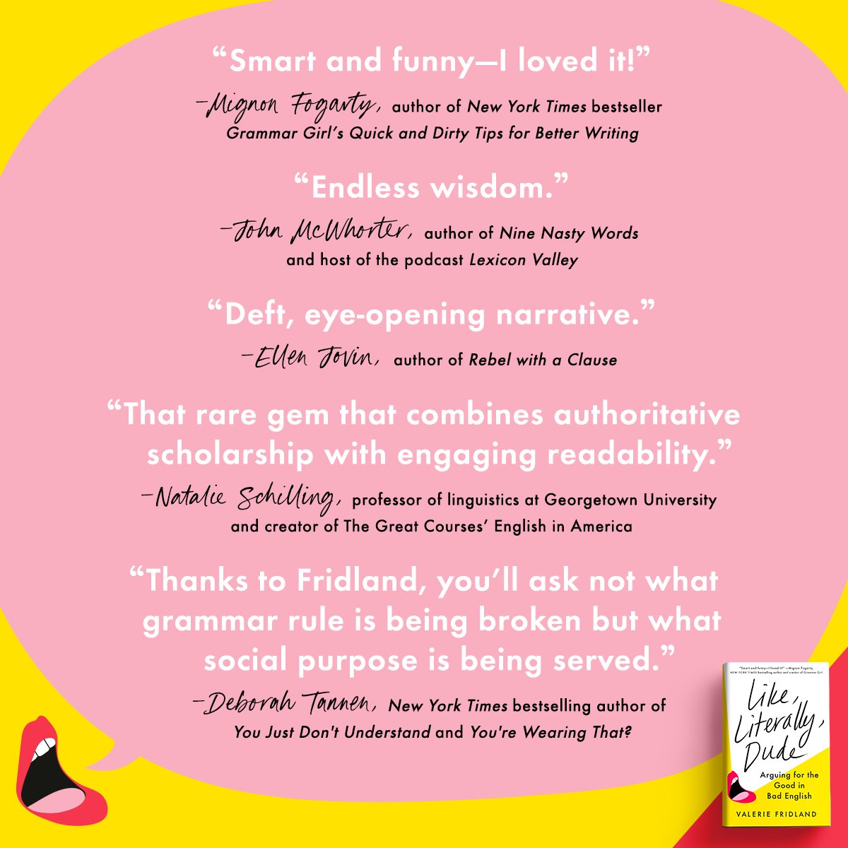 .@FridlandValerie's 'deft, eye-opening' (@EllenJovin), 'smart and funny' (@GrammarGirl), and 'rare gem' (@natschilling) LIKE, LITERALLY DUDE is out TODAY! 👄✨ Start reading this lively linguistic exploration of the speech habits we love to hate 👉 bit.ly/41dNy2L